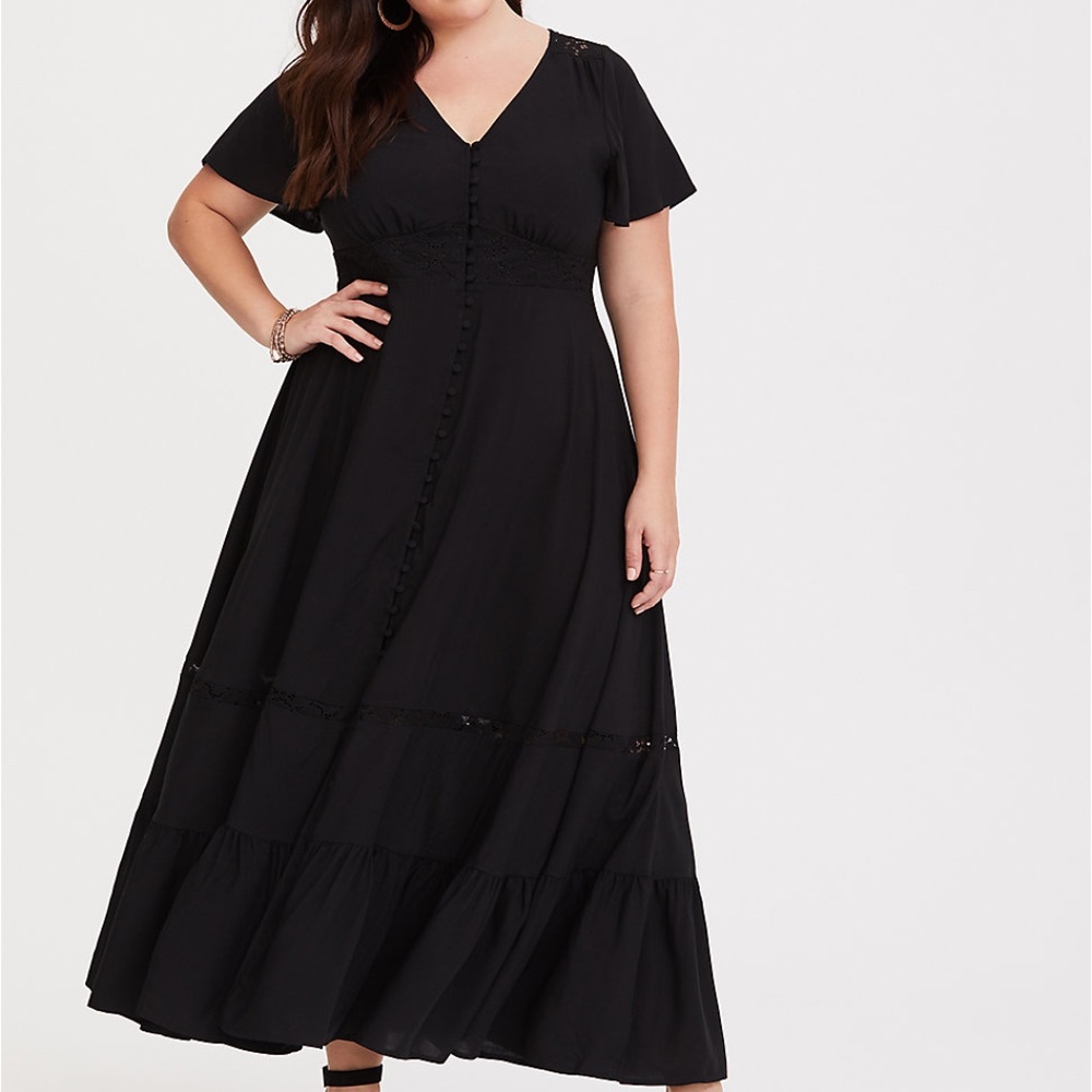 Torrid Black Flutter Button Front Challis Maxi Dress